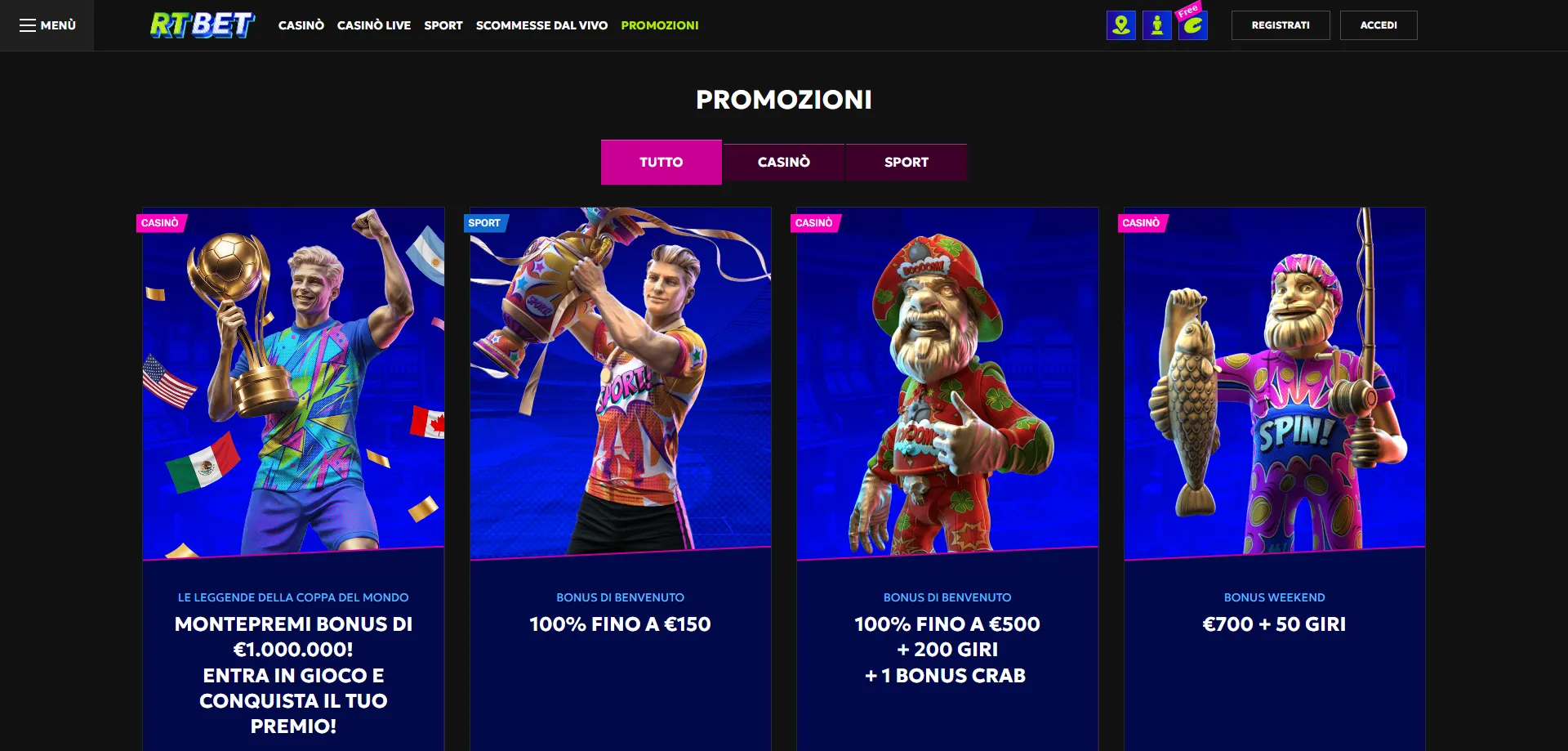 RTbet bonus di benvenuto fino a &euro;500 e 200 giri gratuiti per l'Italia